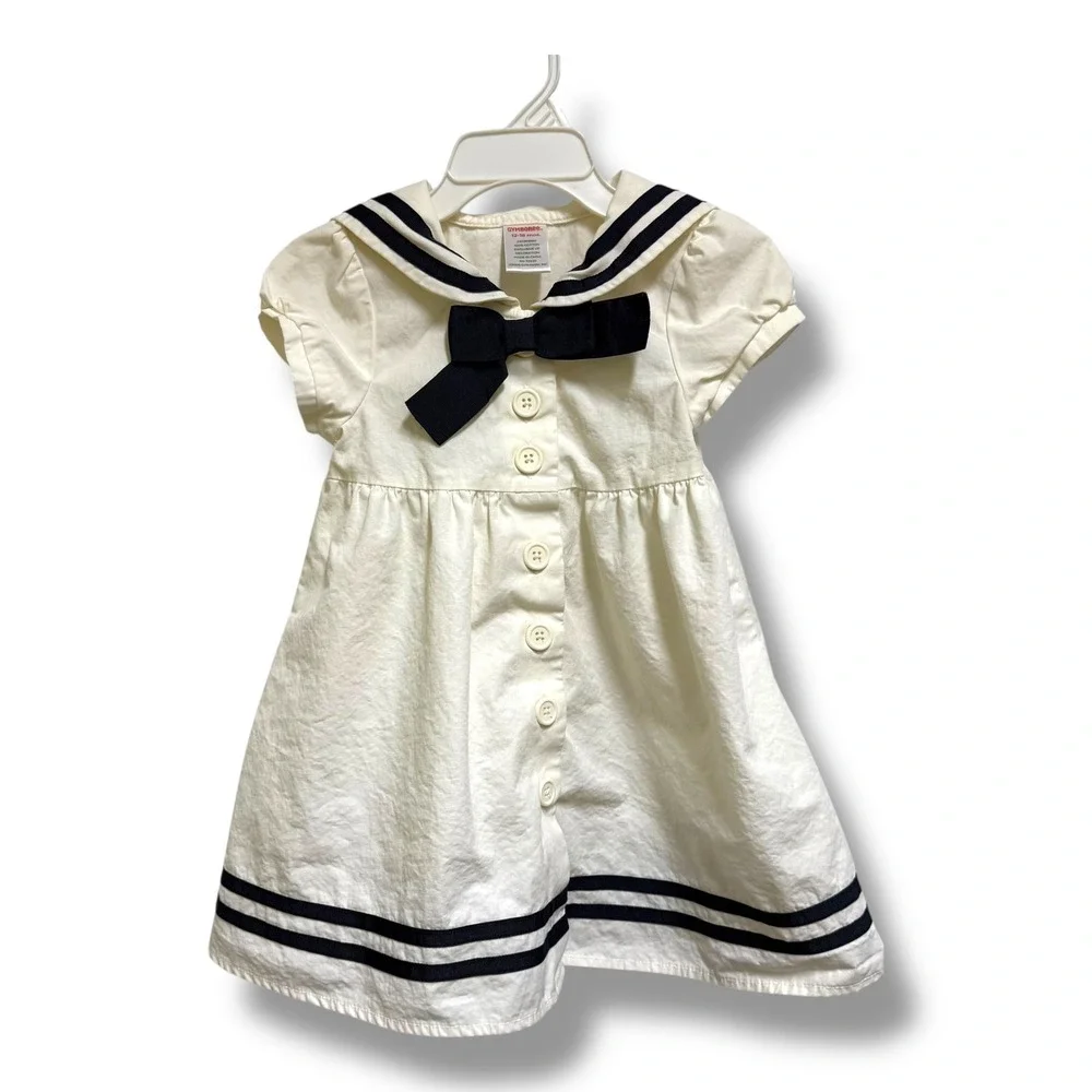 Gymboree 12-18 Mo Ivory Navy Blue Sailor Dress Diaper Cover Set Bon Voyage‎
